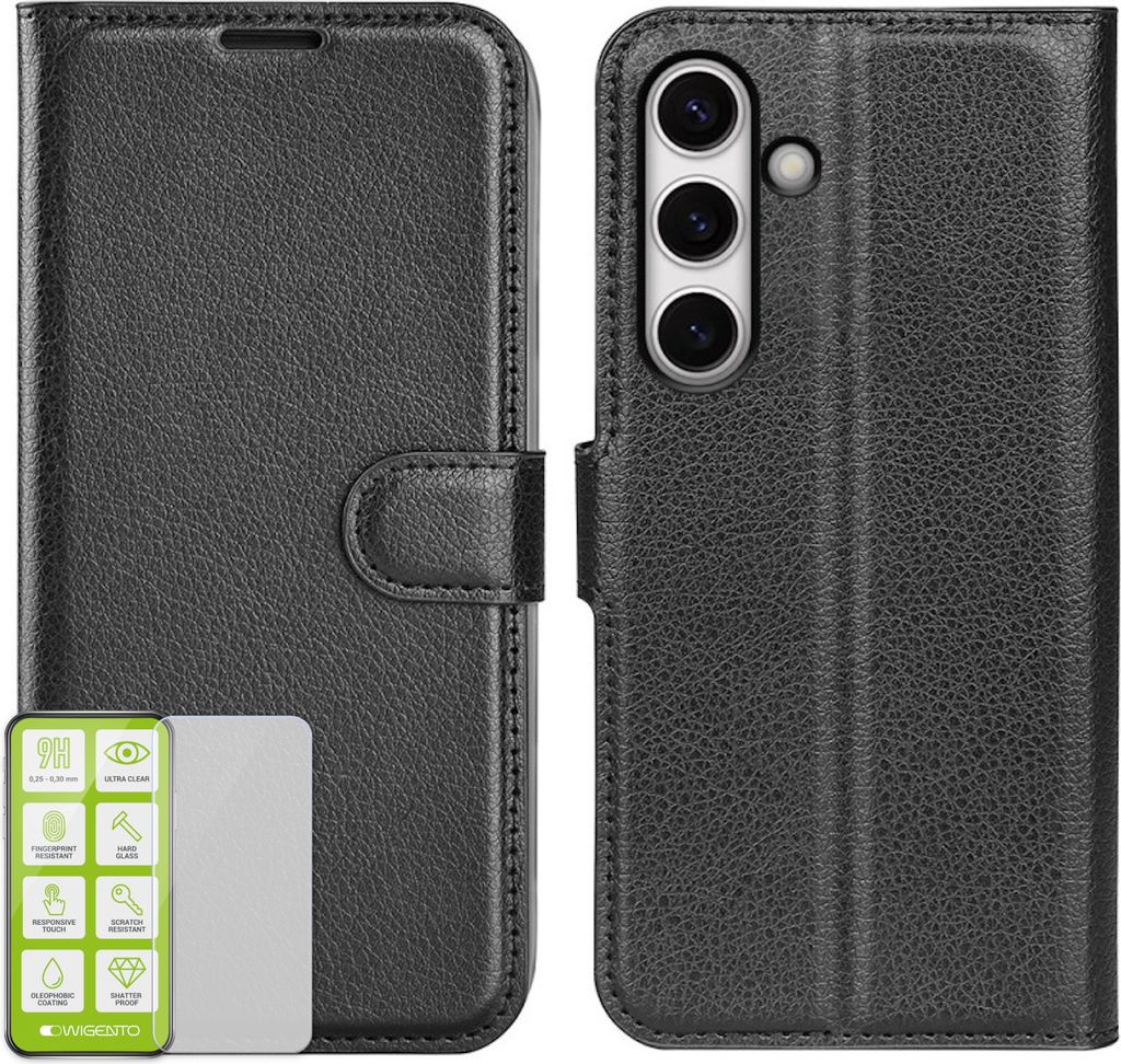 Für Samsung Galaxy S24 FE Handy Tasche Schwarz Etuis Kunst-Leder Hülle Case + H9 Hart Glas
