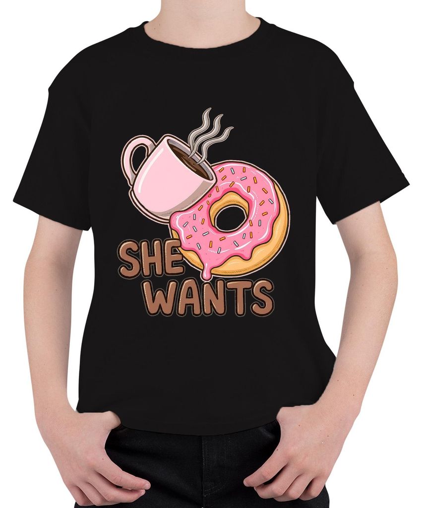 She Wants Donut Kaffee Geschenk Frau Geburtstag Frühstück lustig Uni Kinder T-Shirt, Schwarz, 104