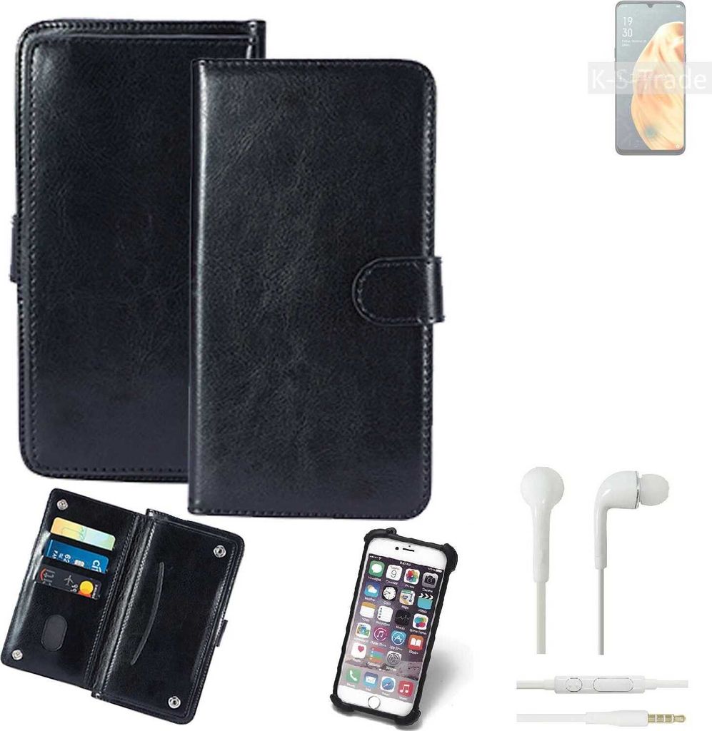 K-S-Trade 360° Hülle kompatibel mit Oppo F15 inkl. Headphones schwarz Kunstleder Case BookCase WalletCase Kunstlederederhülle Handyhülle,
