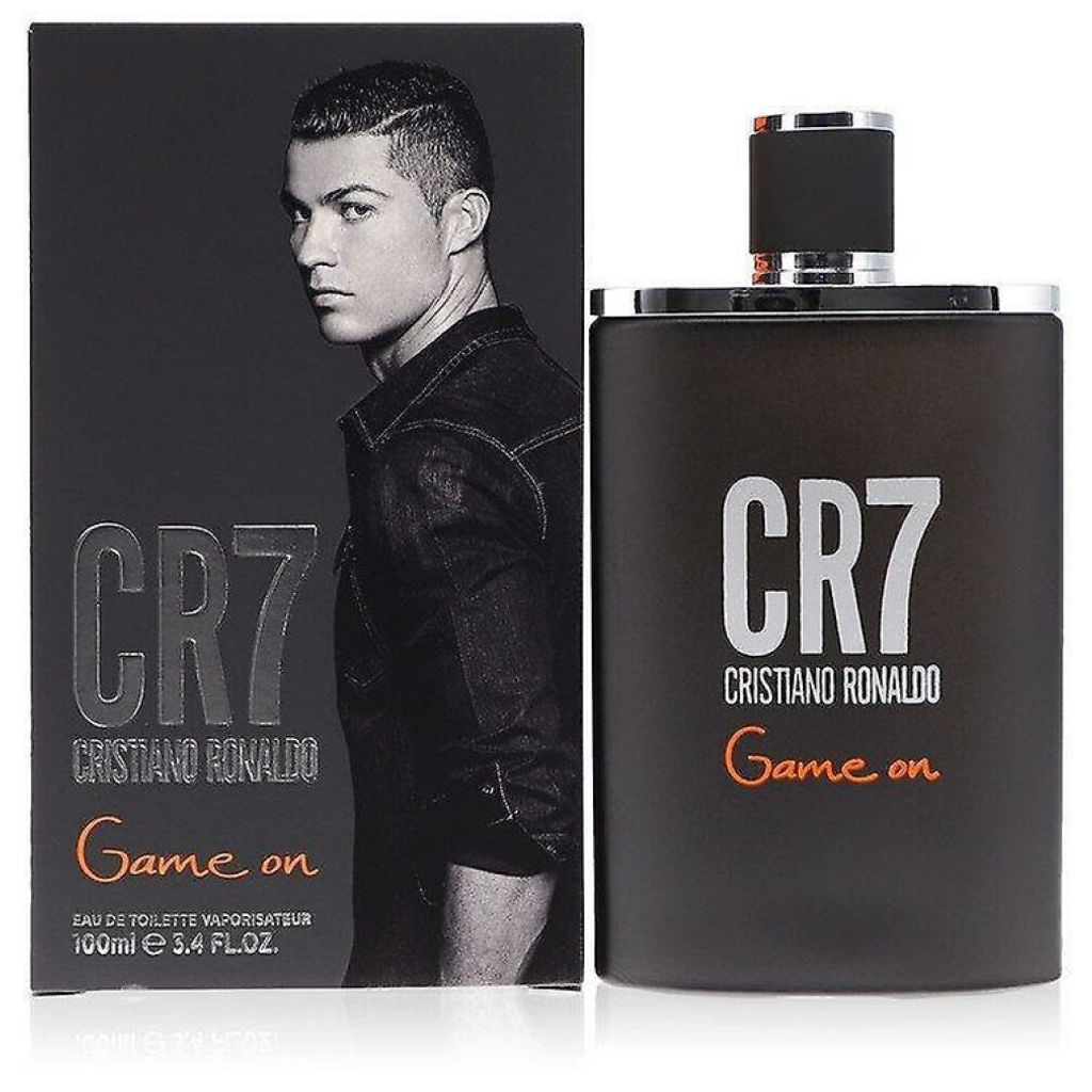 A product shot of Cristiano Ronaldo CR7 Game On Eau de Toilette for men, showing both the box and the bottle.