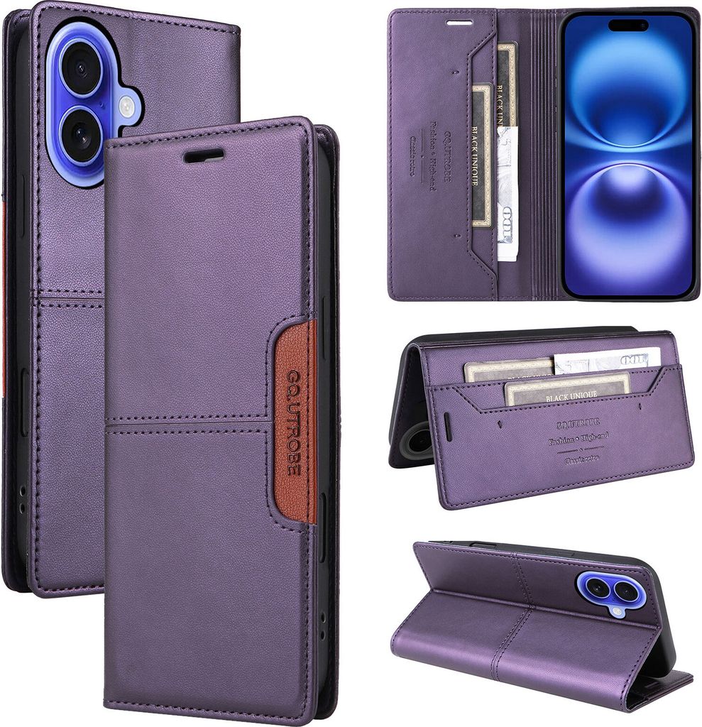 Handyhülle für iPhone 16 Plus Hülle, Leder Flip Wallet Kartenfach Stand Schutzhülle Lila