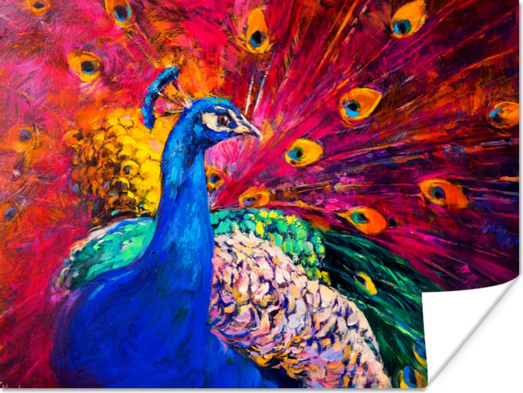 MuchoWow Poster Gemälde - Vogel - Pfau - Ölgemälde 120x90 cm - Wandbild