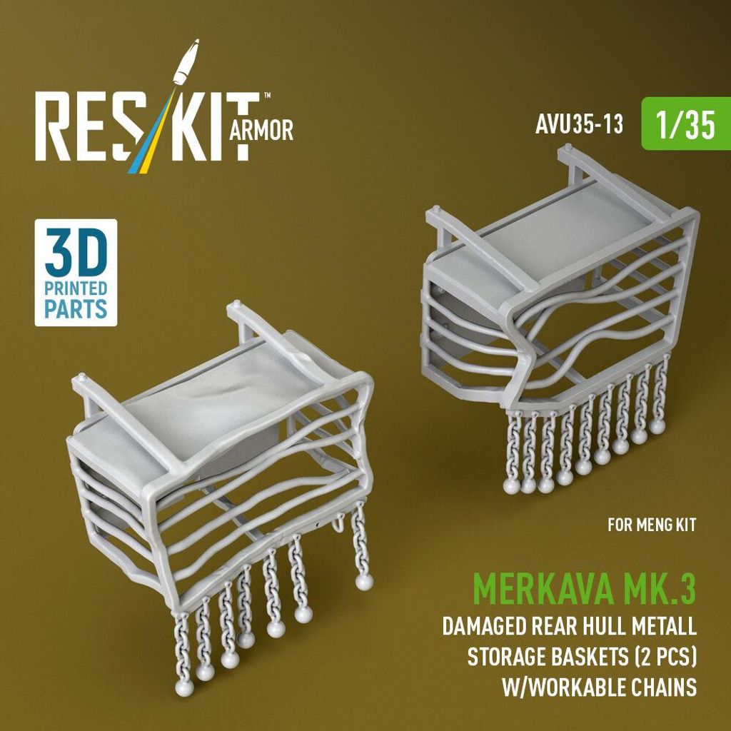 ResKit AVU35-0013 - 1:35 Merkava Mk.3 damaged rear hull metall storage baskets (2 pcs) w/workable chains for Meng kit (3D Printed)