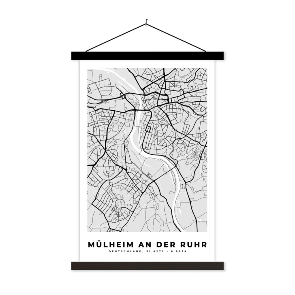 MuchoWow Textilposter Mülheim An Der Ruhr - Karte - Stadtplan - Deutschland 60x90 cm mit schwarzem Rahmen - Poster Wohnzimmer