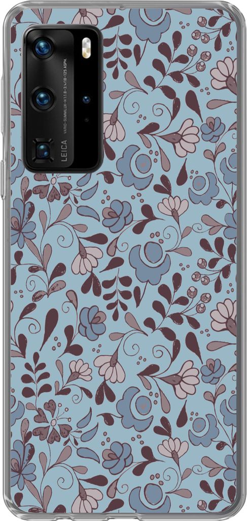 MuchoWow Handyhülle Schutzhülle Hülle für Telefoonhoesje Huawei P40 Pro Muster - Blume - Grau - Blau Silikon Softcase Handy Hülle - Schutz