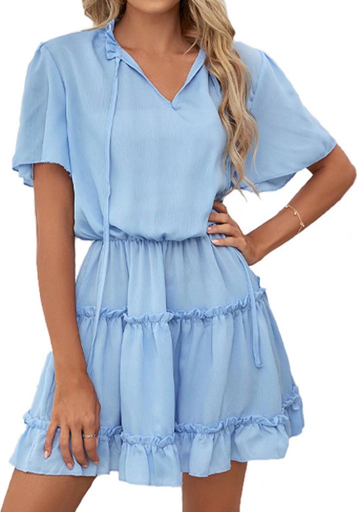 ASKSA Damen Kurzarm Kleid Elegant Rüschen Sommer V-Ausschnitt Tunikakleid Einfarbig Kleider, Blau, XL