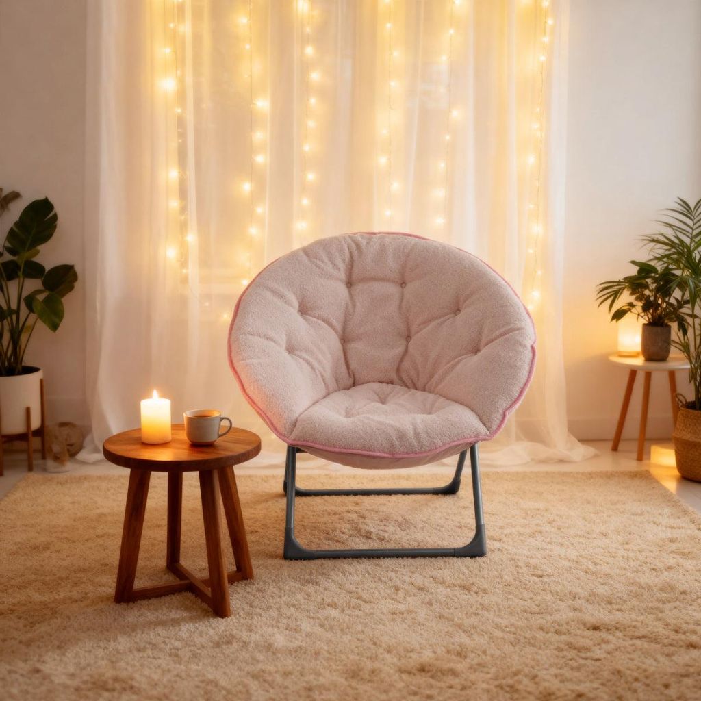 Klappbarer Moon Chair Schafwolle-Bezug, XXL, Traglast 110 kg, Platzsparend, Rose