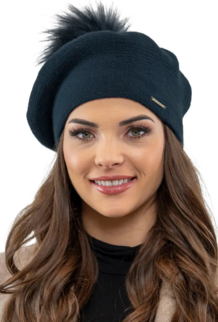 Béret Femme en Maille avec Pompon Taille Universelle Coloris Bleu Nuit
