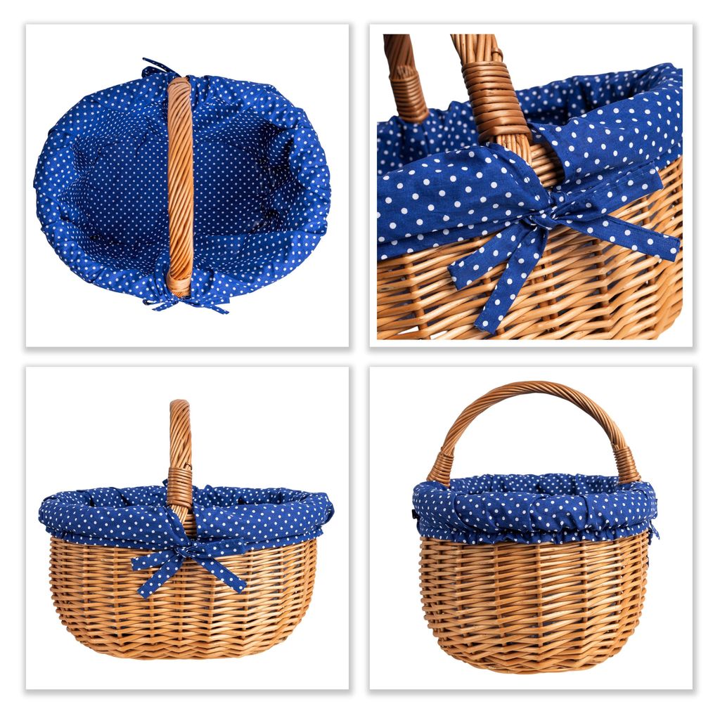 Creative Home Großer Picknickkorb mit Stoffeinlage blau mit Pünktchen - Weidenkorb 43 x 32 x 37 cm