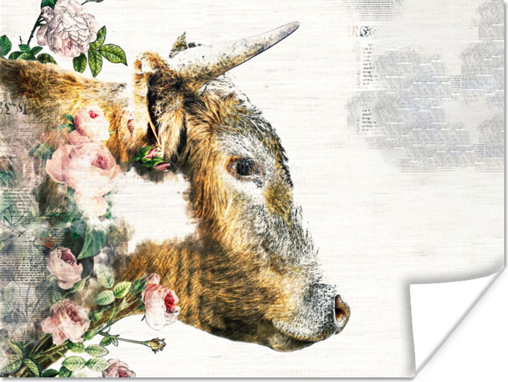 MuchoWow Poster Schottische Highlander - Blumen - Bleistift 40x30 cm - Plakate für die Wände - Poster Wohnzimmer