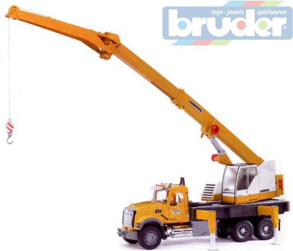 A toy crane truck with its boom extended, shown against a white background.