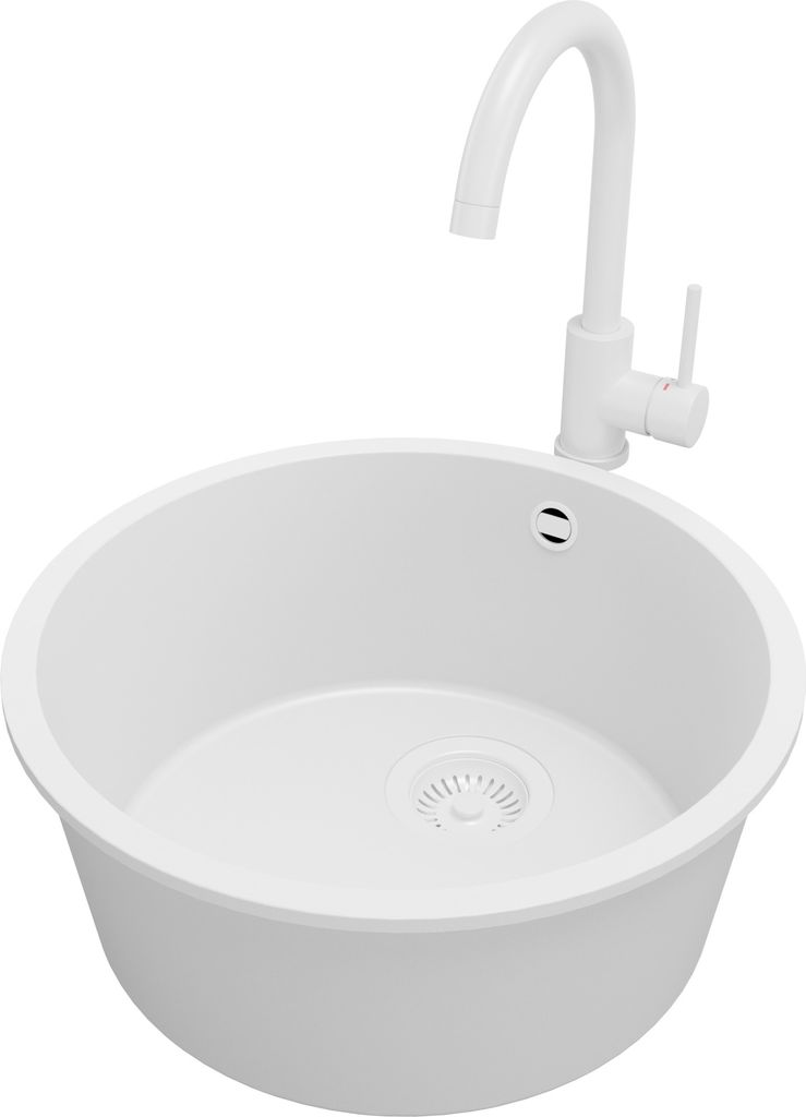PRIMAGRAN Unterbauspüle Granit Alles Weiß 46x46cm, Spülbecken 1 Becken + Küchenarmatur 32x20cm + Ablauf-Set, Granitspüle ab 50er Unterschrank ...