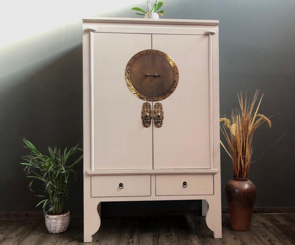 Opium Outlet chinesischer Hochzeitsschrank asiatischer Kleider-Schrank China Kommode Möbel Vintage Shabby orientalisch dunkel-beigegrau aus Holz