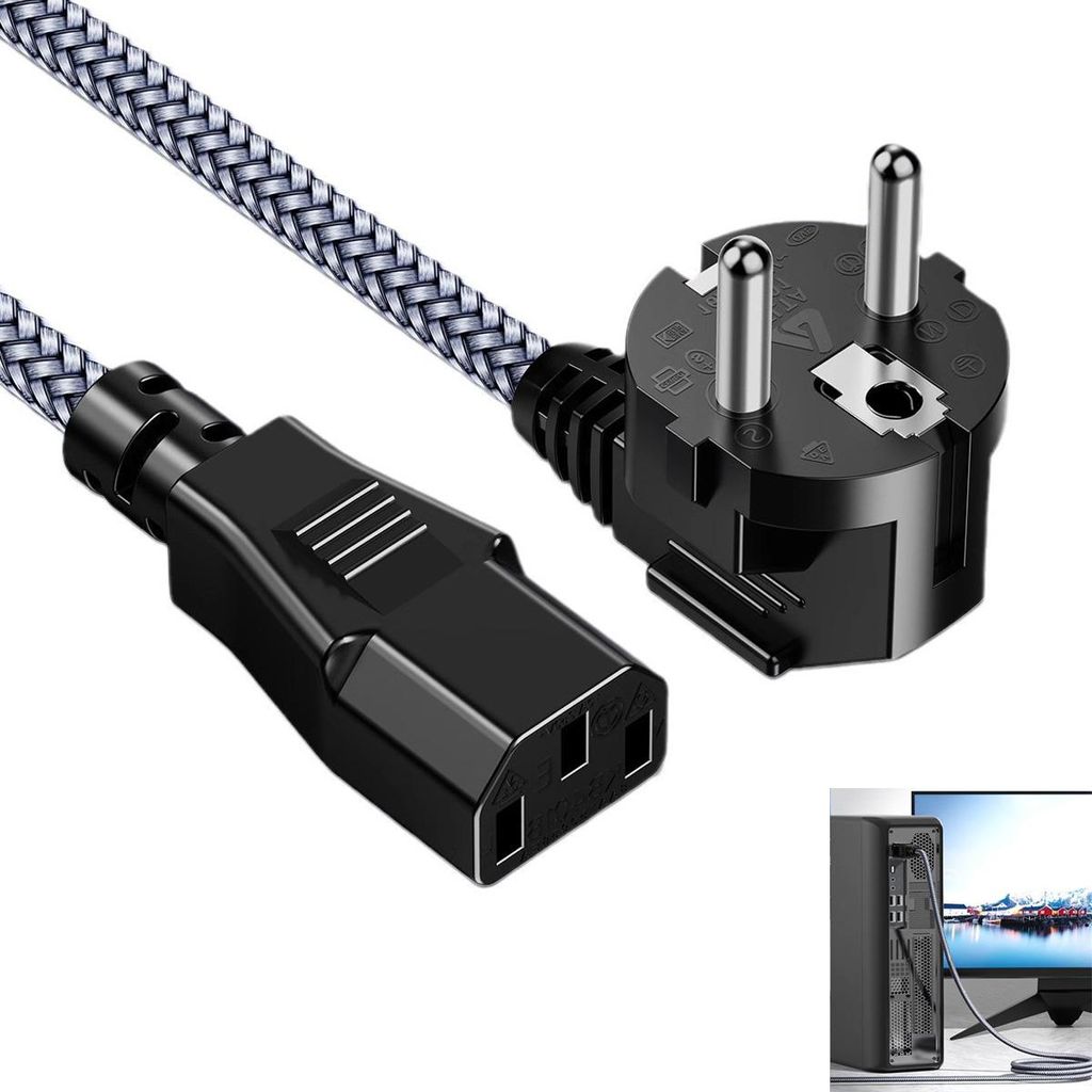 Nylon Geflecht Netzkabel 3 m CEE 7/7 Stecker zu IEC C13 Buchse Euro Anschlusskabel für Monitore, PC, Drucker, Scanner, TV