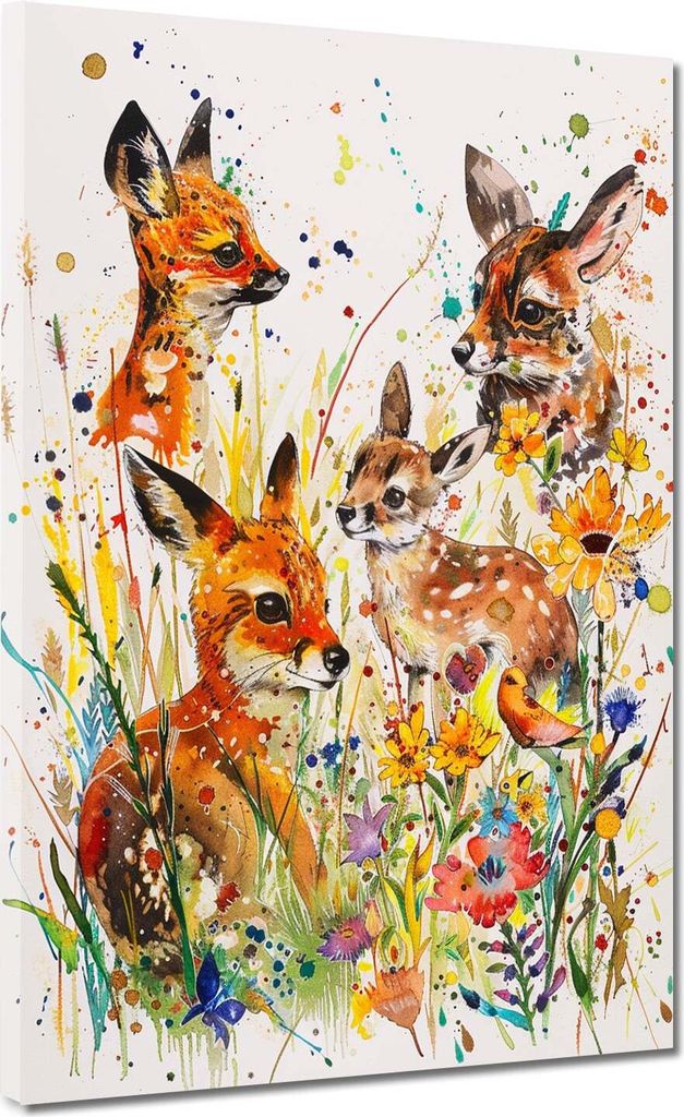 Abstrakte Rehe im bunten Wald Leinwandbild Wandbild Kunstdruck XL Wanddeko: 60x80x4cm