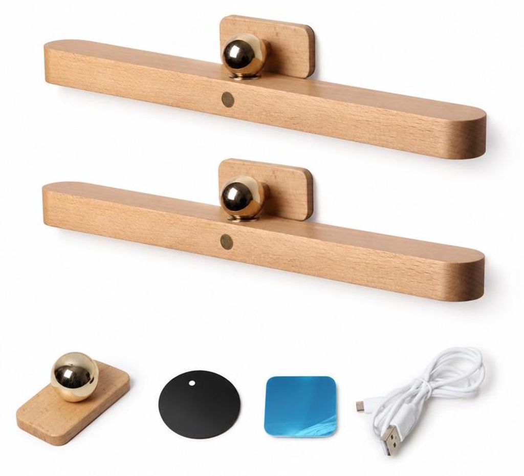 2er LED Spiegel Lampe Holz Wandleuchte kabellos, 4000K Neutrallicht, Touch Dimmfunktion, magnetisch montierbar, USB Akku Licht ohne Bohren für Inn...