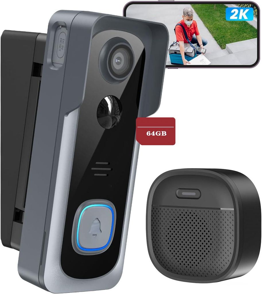 WLAN-Türklingel mit Kamera Kabellos & Nachtsicht, Videoüberwachung, Funk-Kompatibel 64GB TF Karte
