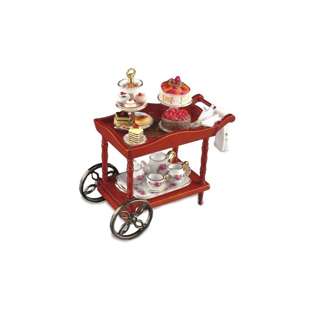 Servierwagen Miniatur mit Geschirr und Kuchen, 9 cm für Sammler