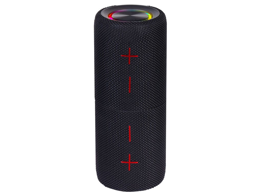 A black cylindrical speaker with red plus and minus symbols on its side.