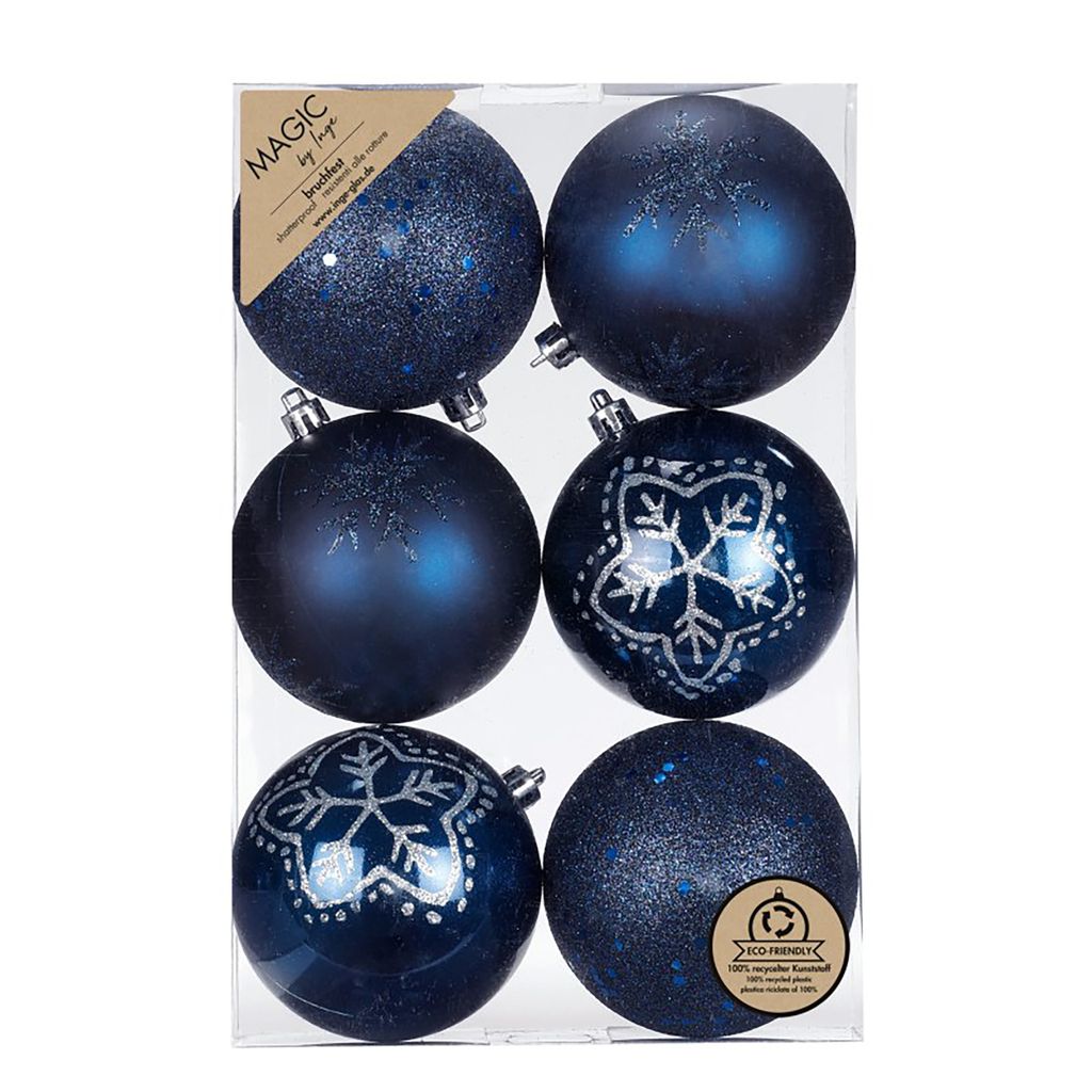 Weihnachtskugeln Kunststoff 8cm mit Glitzer 6er Set - Night Blue