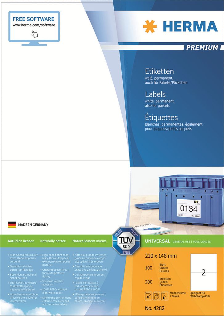 Etiketten Premium A4, weiß 210x148 mm Papier matt 200 St.