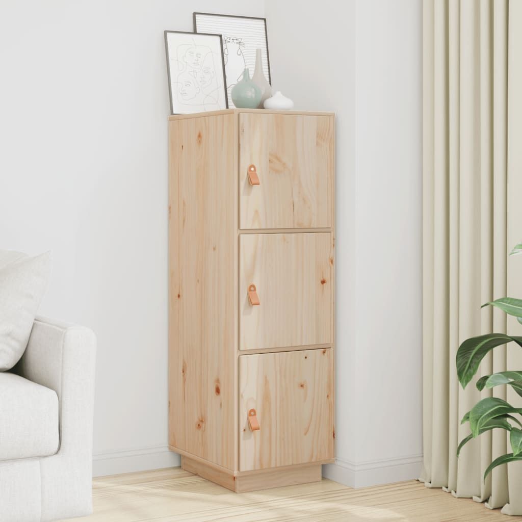 A tall, narrow wooden cabinet with three doors is placed in a corner next to a white sofa and a cream-colored curtain.