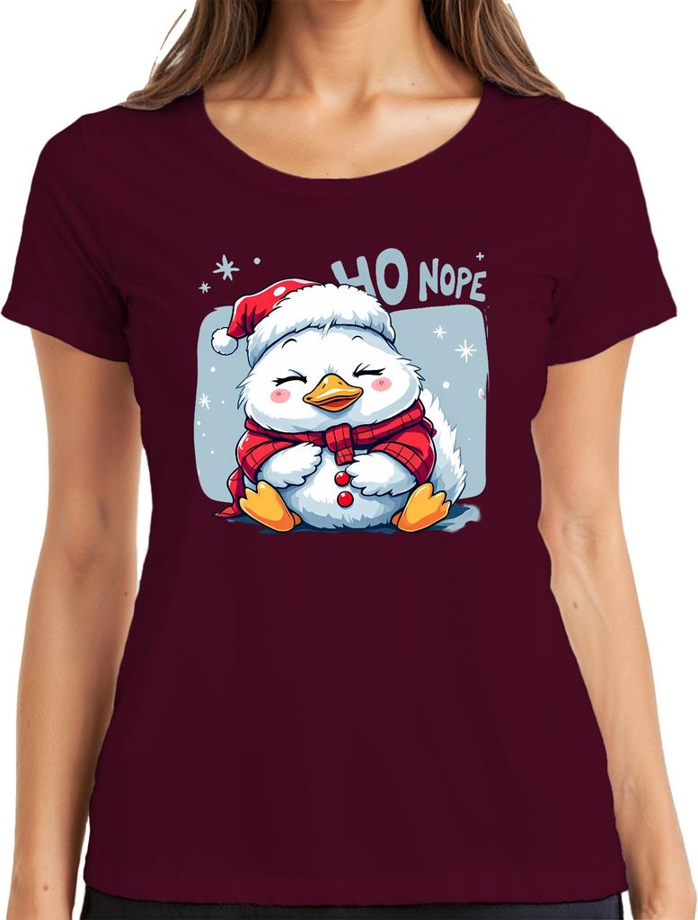 HO NOPE niedlicher Weihnachts Pinguin Cartoon Kawaii süß lustig Damen T-Shirt, Burgundy, XXL