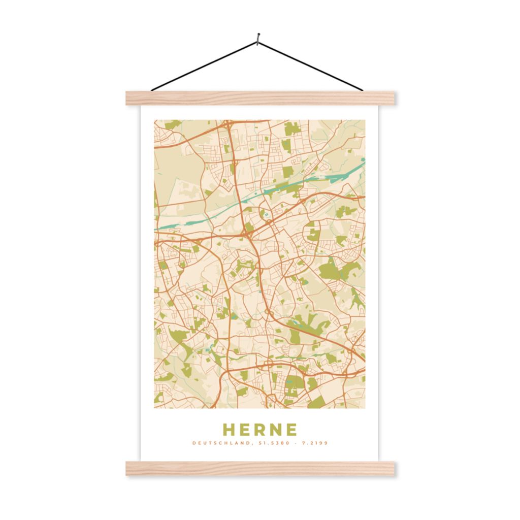 MuchoWow Textilposter Herne - Stadtplan - Vintage - Karte 120x180 cm mit holzfarbenen Rahmen - Textil-Plakat