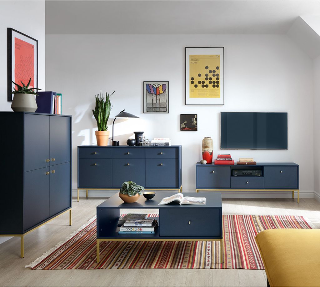 Wohnzimmermöbel Set blau, Fußgestell goldfarben, MALAGA-160, 4-teilig