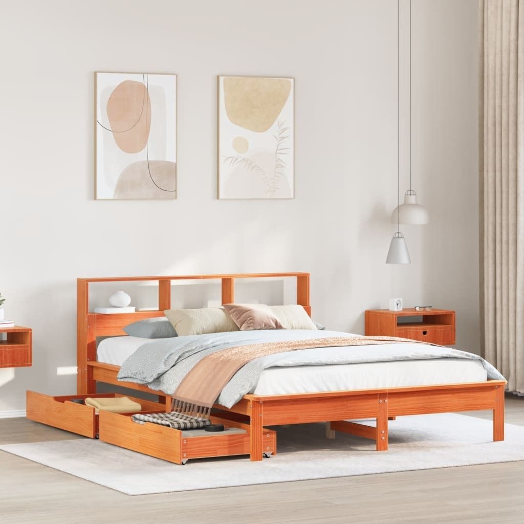 Maison Exclusive - Massivholzbett mit Regal ohne Matratze Wachsbraun 120x190 cm