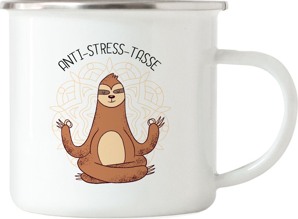 Anti-Stress Emaille Tasse Meditation Lustig Spruch Ironie Faultier Geschenk-Idee Bürokollegen Chillen