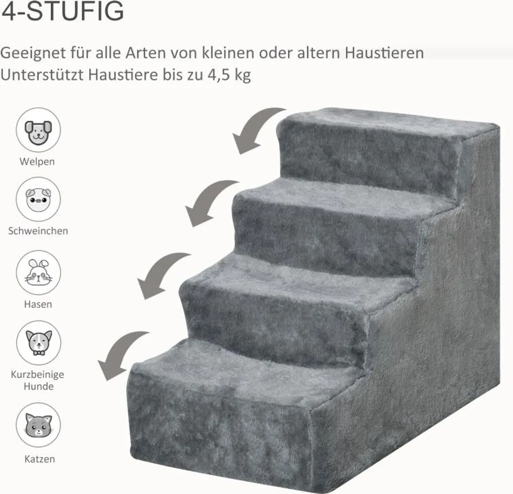 Petit escalier chat et chien 35 cm aspect peluche 4 marches gris clair
