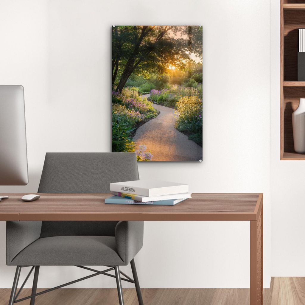 MuchoWow Glasbilder - Bilder auf Wandbild - Foto auf Glas Weg - Blumen - Park 40x60 cm Wanddekoration aus Glas - Acrylglasbild - Acrylbilder - Gem...