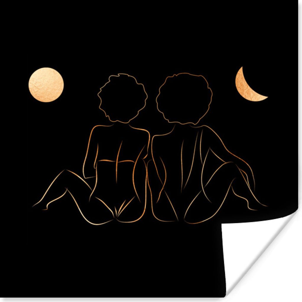 MuchoWow Poster Frauen - Mond - Gold - Strichzeichnung 75x75 cm - Wand Dekoration