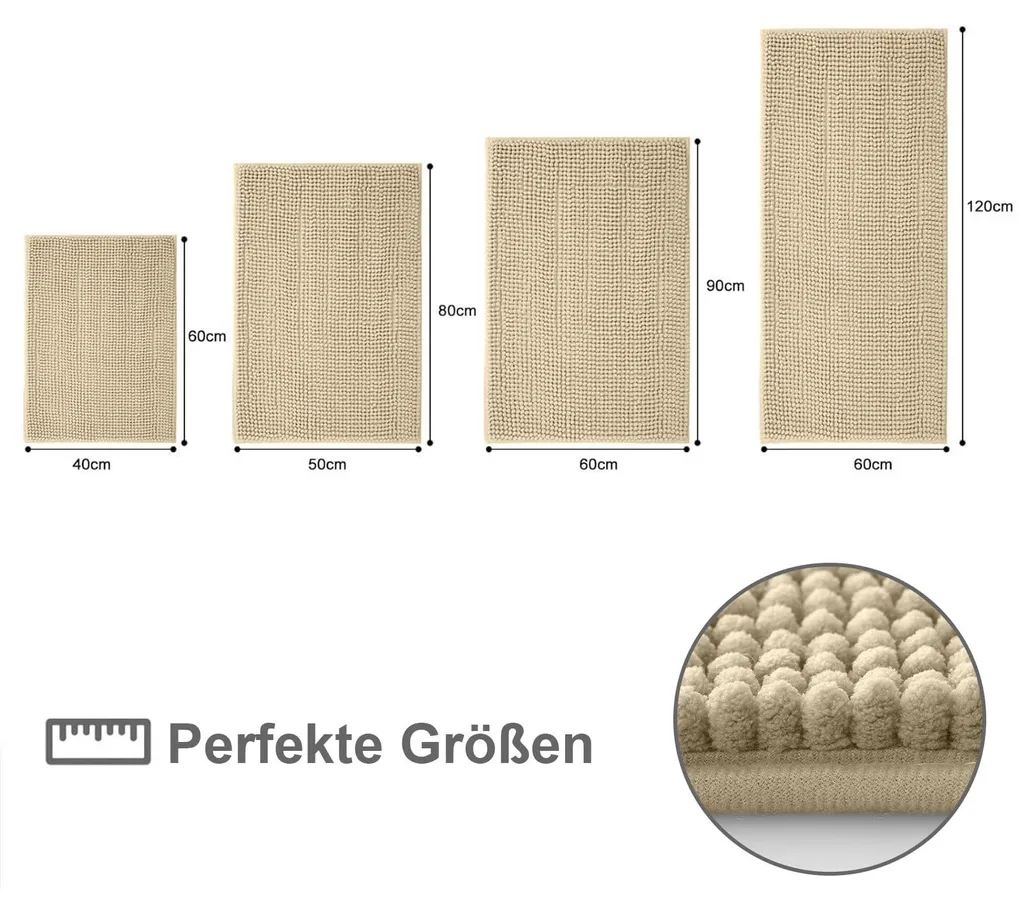 Tapis de Douche Beige 60x120 Chenille Douce Antidérapant Très Absorbant