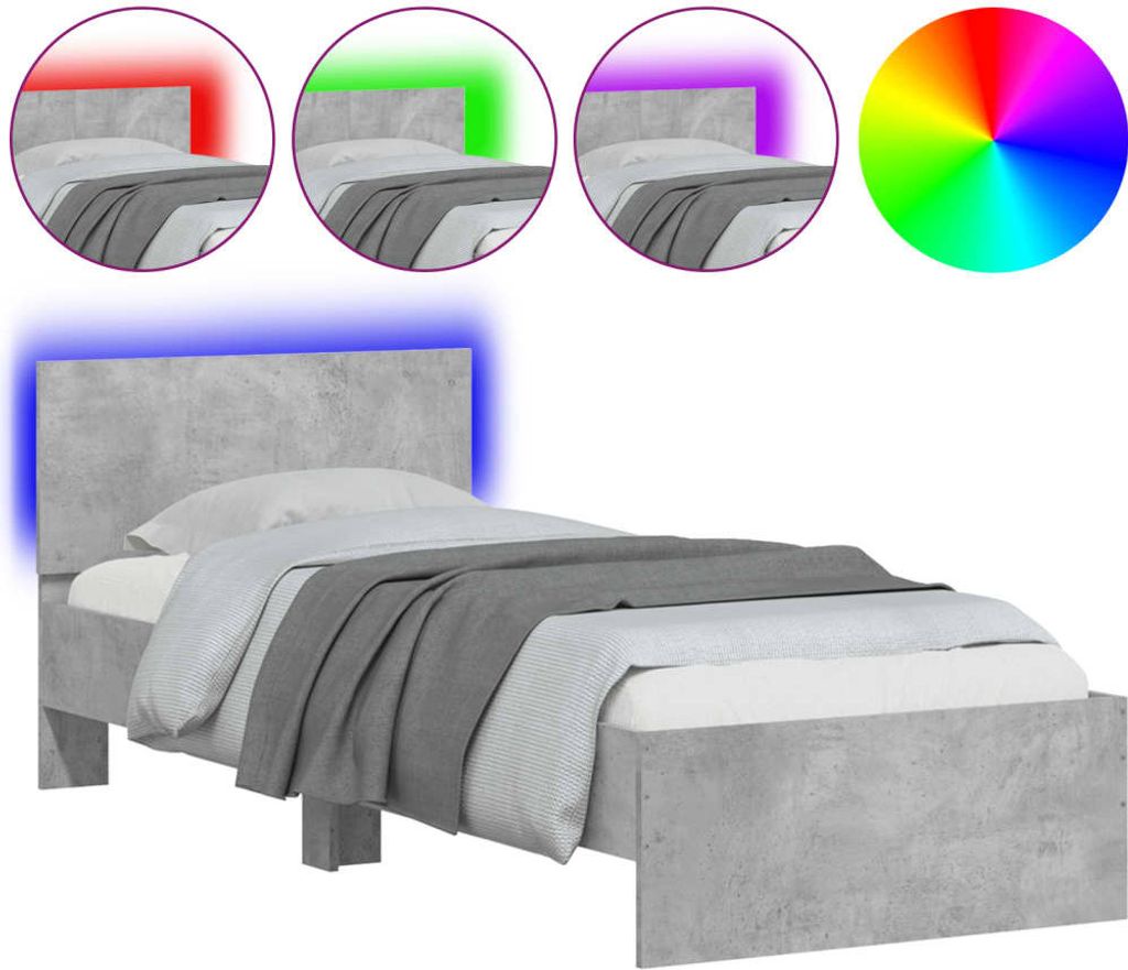A single bed frame with a concrete gray finish and blue LED lighting around the headboard.
