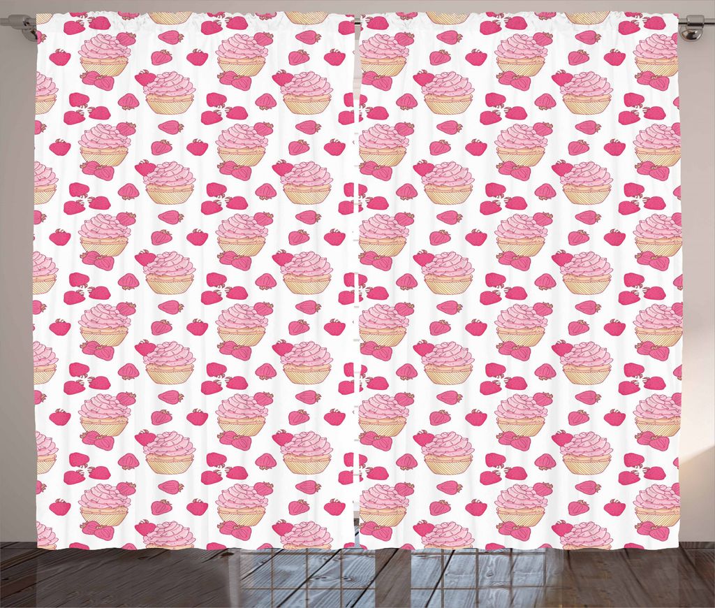 ABAKUHAUS Cupcake Rustikaler Gardine, Doodle Stil Erdbeere, Schlafzimmer Kräuselband Vorhang mit Schlaufen und Haken, 280 x 245 cm, Baby Pink Pfir...