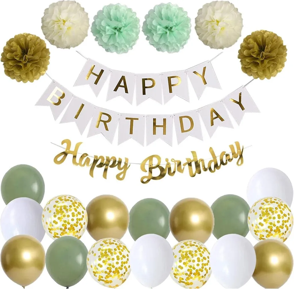 Kit Décoration Anniversaire Complet avec Ballons Vert Or et Guirlande Chic