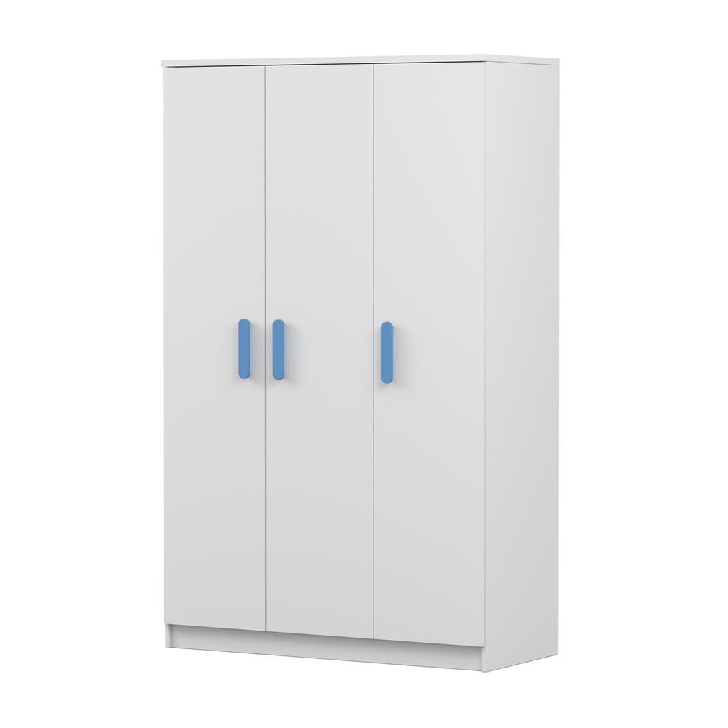 A white three-door wardrobe with blue handles against a white background.