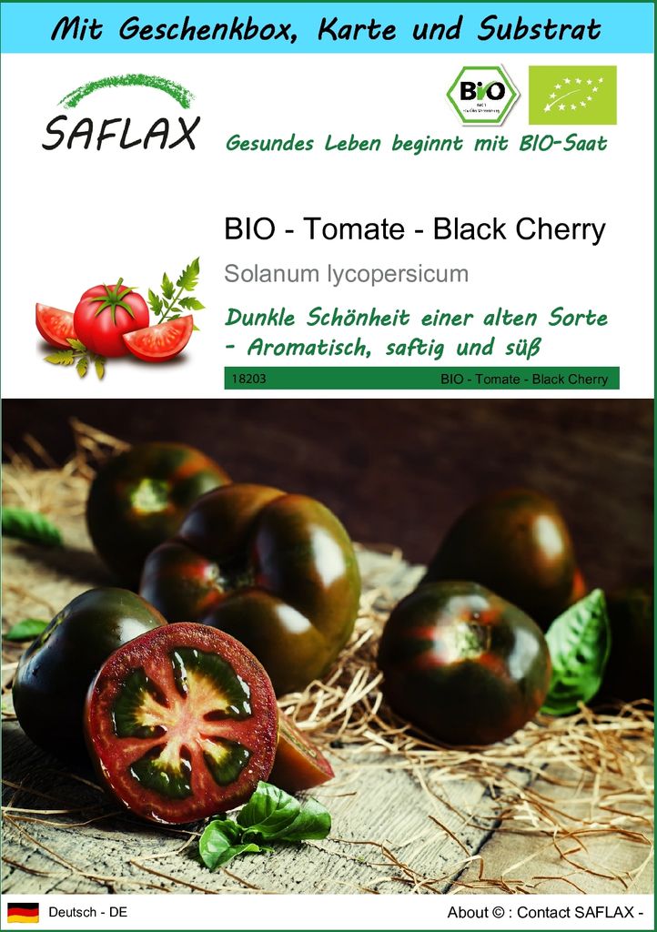 SAFLAX - Geschenk Set - BIO - Tomate - Black Cherry - 10 Samen - Mit Geschenk- / Versandbox, Versandaufkleber, Geschenkkarte und Anzuchtsubstrat - ...