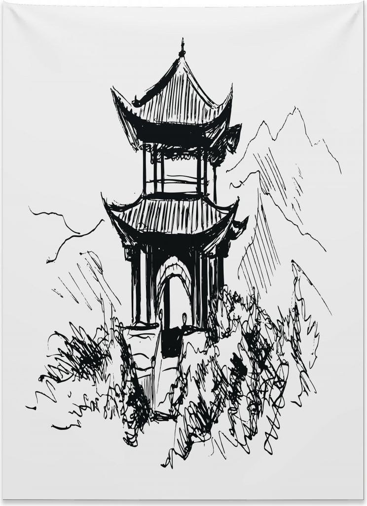 Abakuhaus Antikes China Wandteppich, Skizzen-Pavillon aus Weiches Mikrofaser Stoff Kein Verblassen Klare Farben Waschbar, 110 x 150 cm, Weiß Schwarz