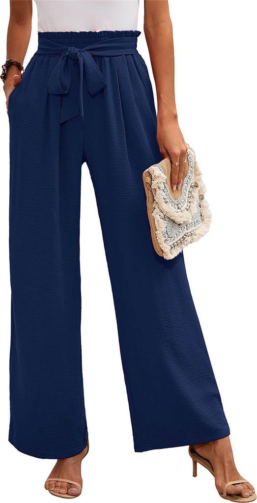 ASKSA Damen Weite Bein Hose Hohe Taille Leichte Lose Freizeithose mit Taschen, Dunkelblau, Groesse: L