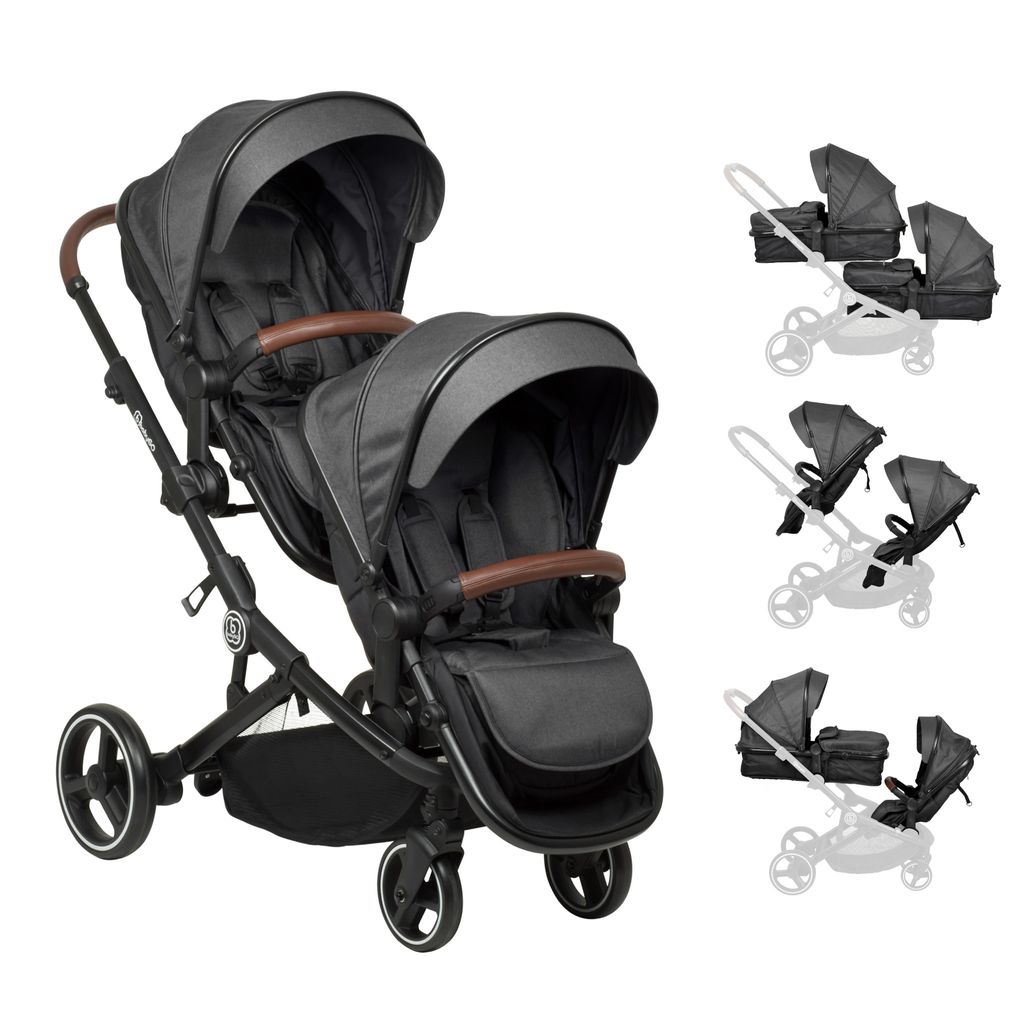 A twin stroller with multiple configurations shown on the right.