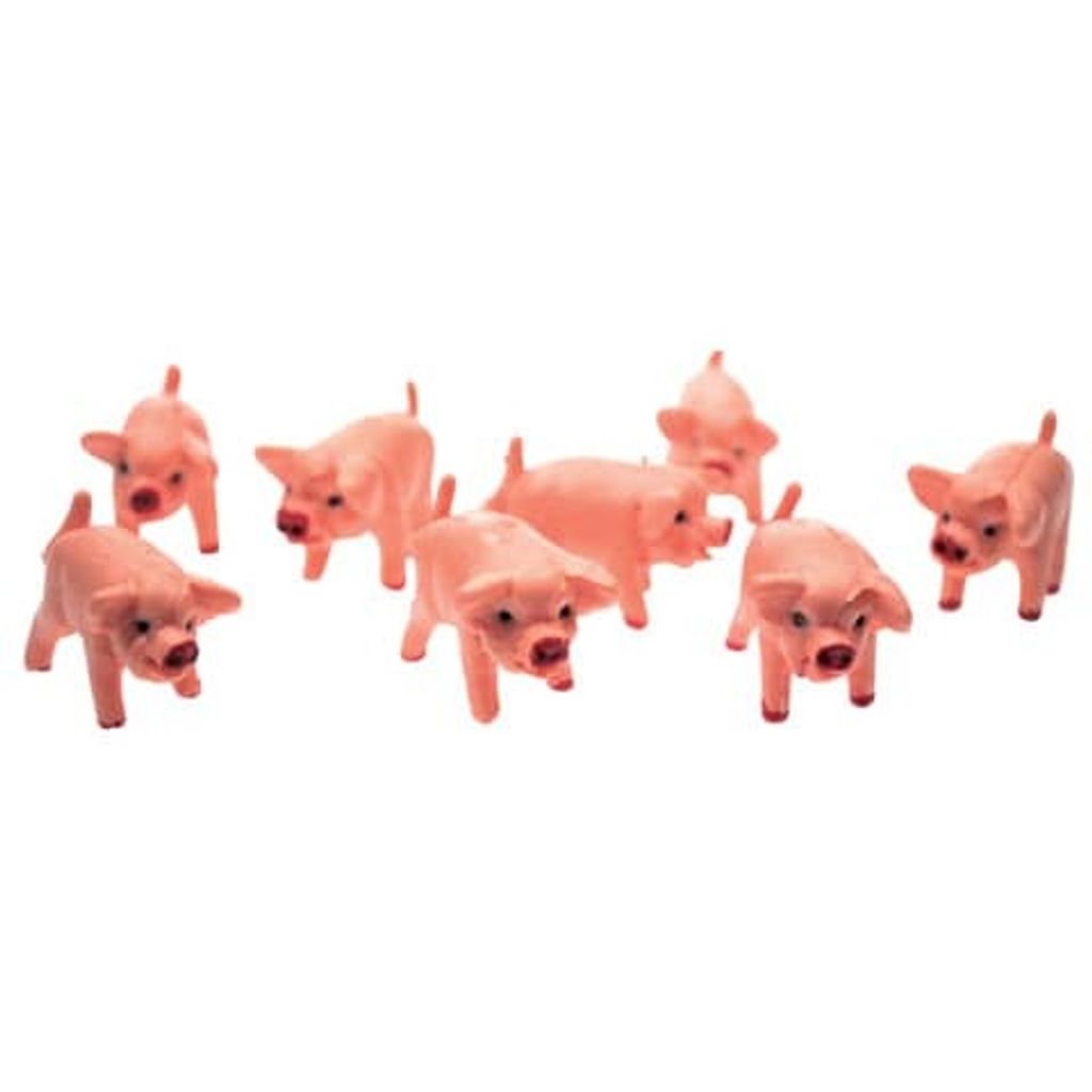 A group of small, pink plastic pigs are arranged on a white background.
