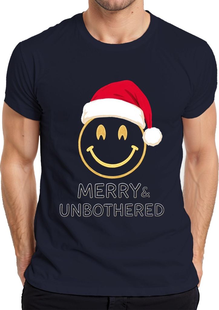 Merry & Unbothered Weihnachten Smiley Gold Santa Hut lustig Herren T-Shirt, Navy, XL