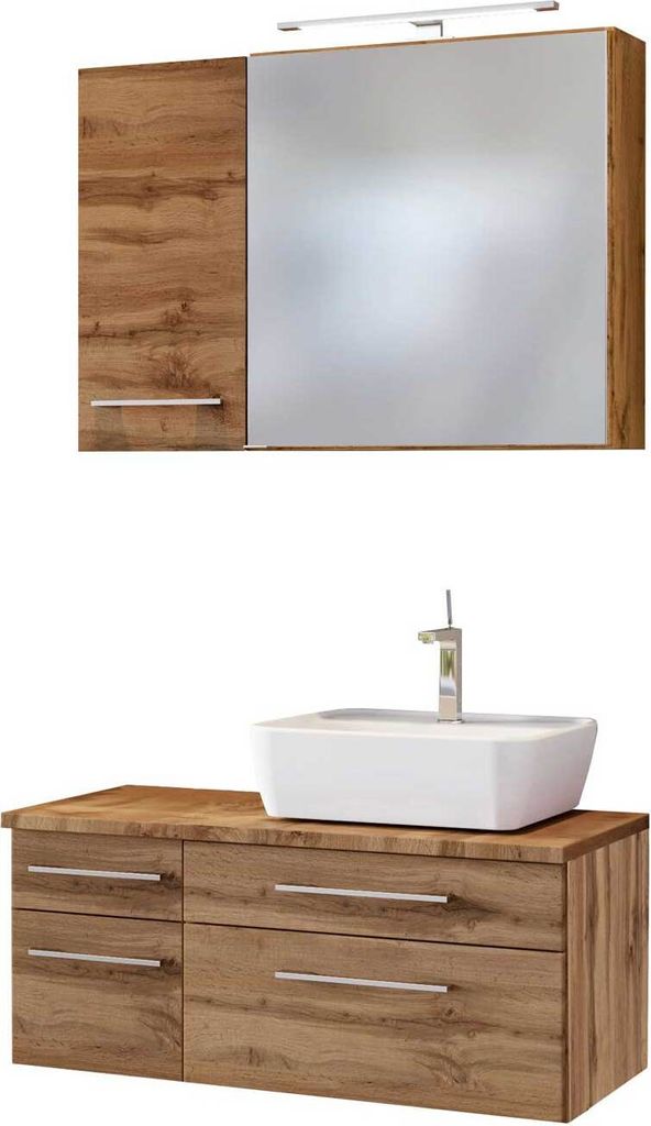 Badmöbel Set inkl. LED-Spiegelschrank 90 cm & Keramik Aufsatzwaschbecken Rechts TAREE-03 in wotaneiche Nb.