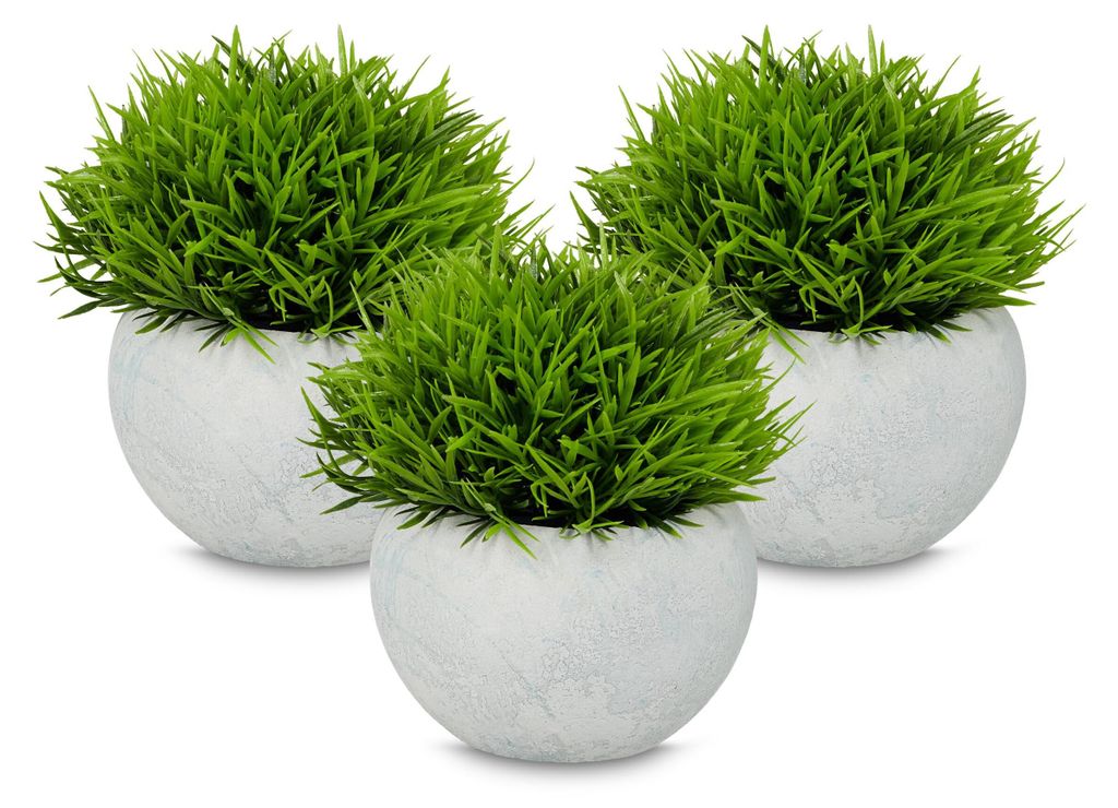 Künstliche Pflanzen, 3er-Set, künstliche Pflanzen in Töpfen, Kunststoff, Stein, Tischdekoration, Ziergras, grün/grau