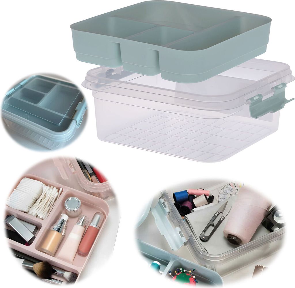 LS-LebenStil Sortierbox Aufbewahrungsbox 26cm Grün Stapelbox mit Deckel Kosmetik Organizer Nähkasten Einsatz für Nähzubehör Kosmetik Make-Up 4...