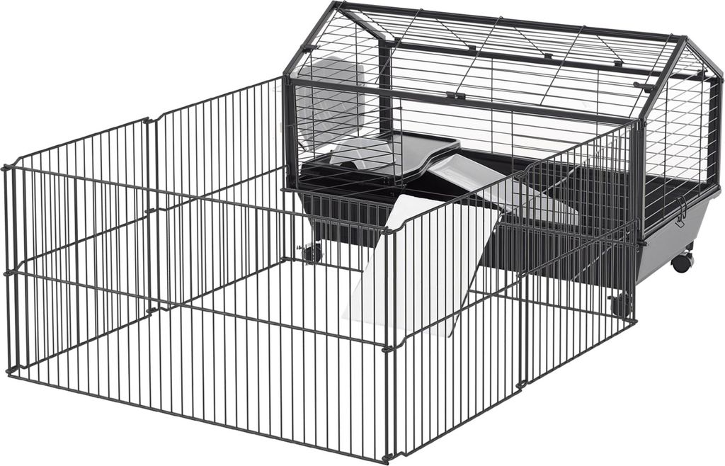 Kleintierkäfig mit Freigehege, 88x128,5x56 cm, 4 Rollen, Schwarz, Metall-Polypropylen, inkl. Zubehör