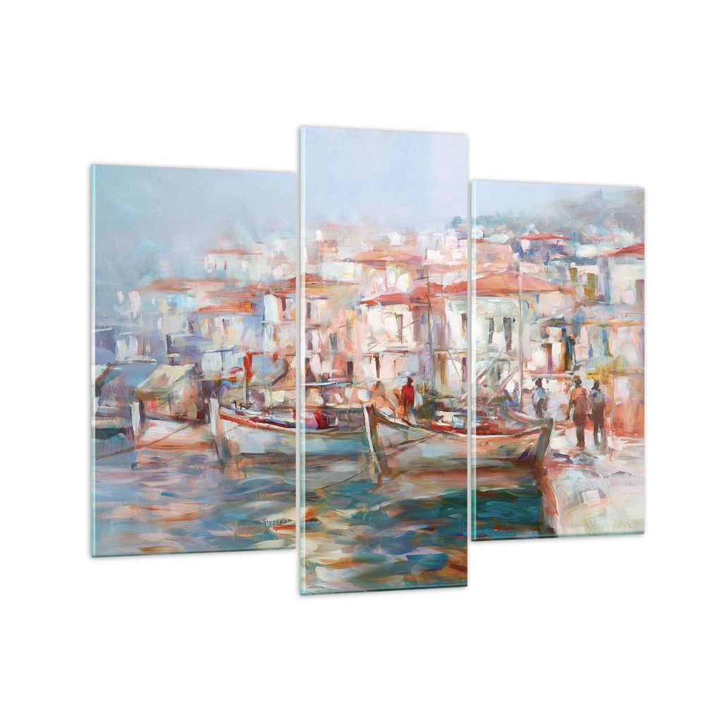 Bilder auf glas - 3 Teile - Insel Boote Hafen - 130x100cm - Glasbilder - Wandbilder - Bilder - zum Aufhängen bereit - Wanddekoration aus Glas - Gl...